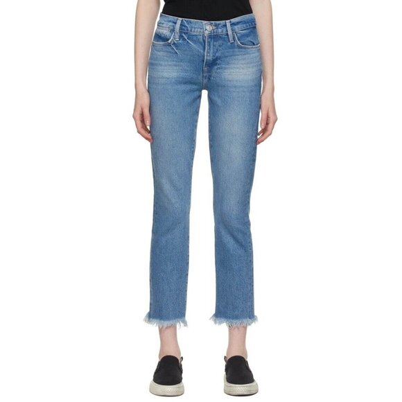 Frame Denim Jeans Blue Utopia Le High Straight Raw Hem Crop 5-Pocket Size 27